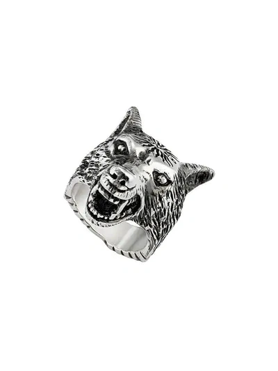 Shop Gucci Anger Forest Wolf Head Ring In Silver