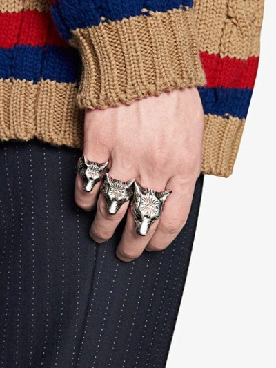 Shop Gucci Anger Forest Wolf Head Ring In Silver