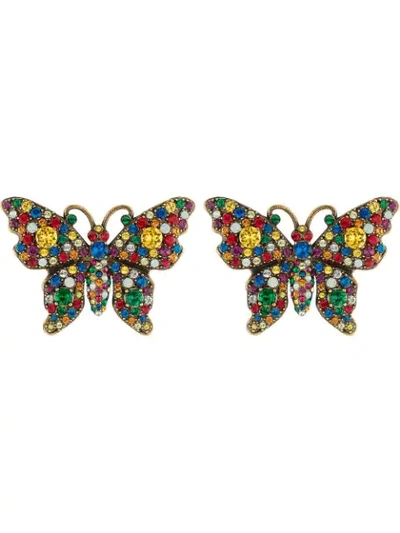 Shop Gucci Crystal Studded Butterfly Earrings In Yellow