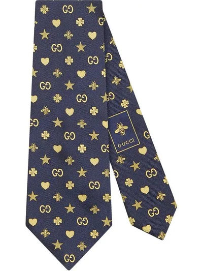 Shop Gucci Symbols Motif Silk Tie In Blue