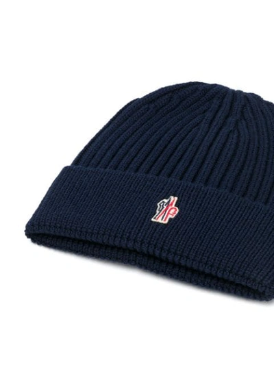 Shop Moncler Ribbed Knit Hat In Blue