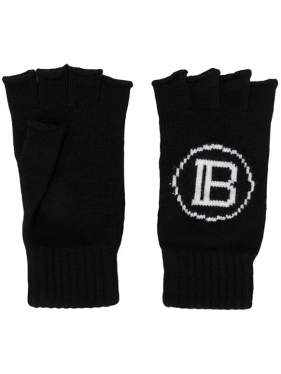 Shop Balmain Intarsia Knit Logo Fingerless Gloves In Black