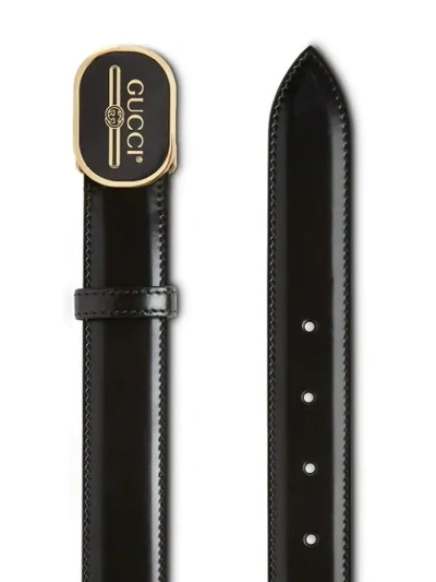 Shop Gucci Leather Belt With  Print Buckle In Black