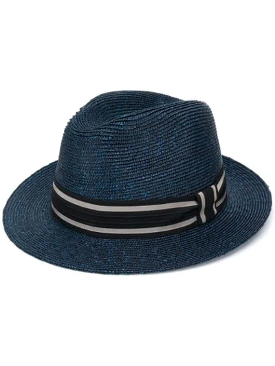 Shop Etro Striped Ribbon Fedora Hat In Blue