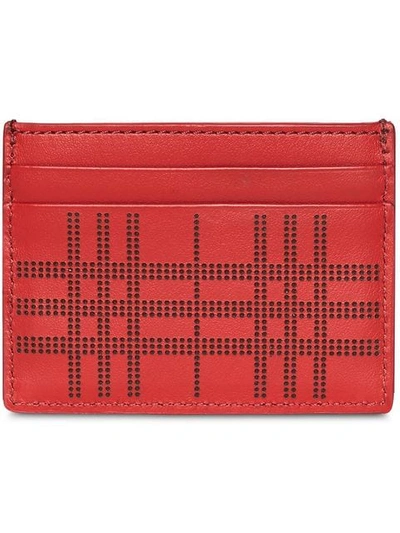 Shop Burberry Perforated Check Leather Card Case In Red