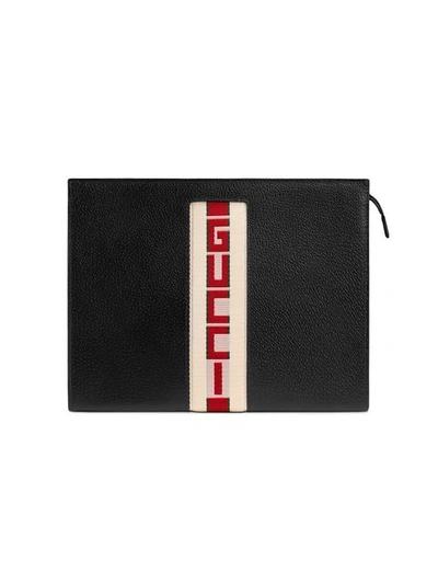 Shop Gucci Stripe Leather Pouch In Black