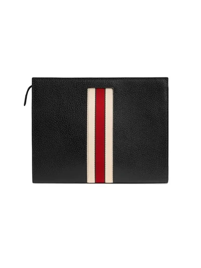 Shop Gucci Stripe Leather Pouch In Black