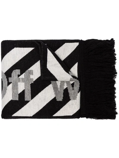 Shop Off-white Black And White Striped Logo Print Scarf