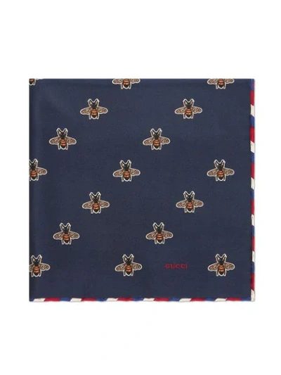 Bee pattern silk pocket square in Blue Silk