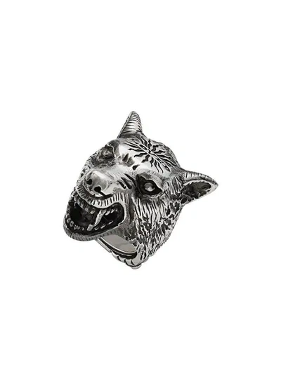 Shop Gucci Anger Forest Wolf Head Ring In Silver