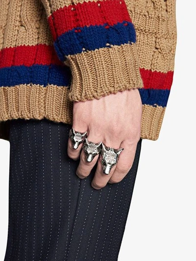 Shop Gucci Anger Forest Wolf Head Ring In Silver