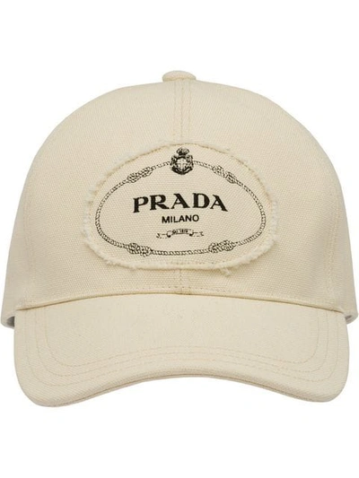 Shop Prada Logo Print Applique Cotton Cap In White