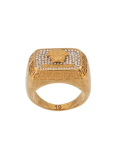 Shop Versace Bejeweled Medusa Ring In Gold