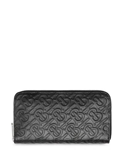 Shop Burberry Monogram Leather Ziparound Wallet In Black