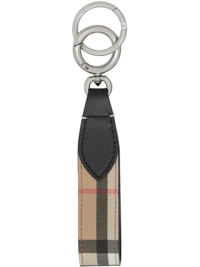 Shop Burberry Vintage Check E-canvas And Leather Key Ring In Neutrals