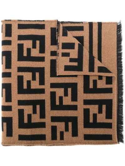 Shop Fendi Ff Logo Mosaic Scarf In Brown