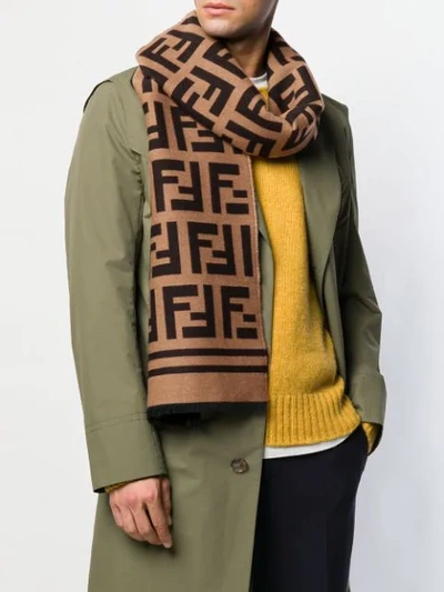 Shop Fendi Ff Logo Mosaic Scarf In Brown