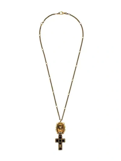 Shop Gucci Lion Head Cross Necklace In Gold
