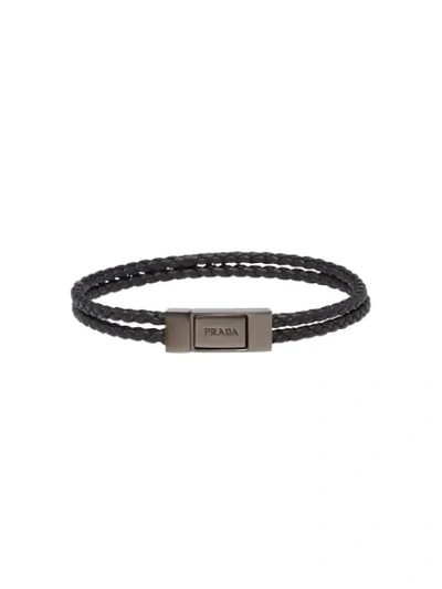 Shop Prada Braided Bracelet In Black