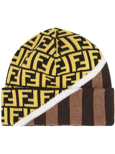 Shop Fendi Ff Dual-pattern Beanie In Brown