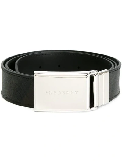Shop Burberry Reversible London Check And Leather Plaque Belt In Brown