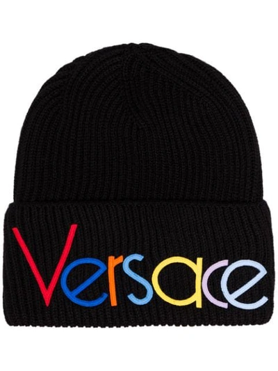 Shop Versace Rainbow Logo-embroidered Beanie Hat In Black