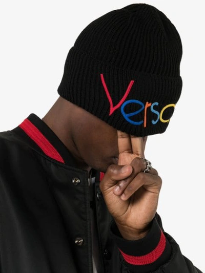 Shop Versace Rainbow Logo-embroidered Beanie Hat In Black