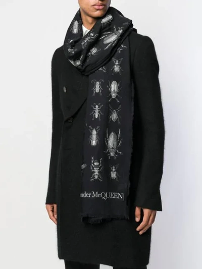 Shop Alexander Mcqueen Insect Frayed-edge Scarf In Black