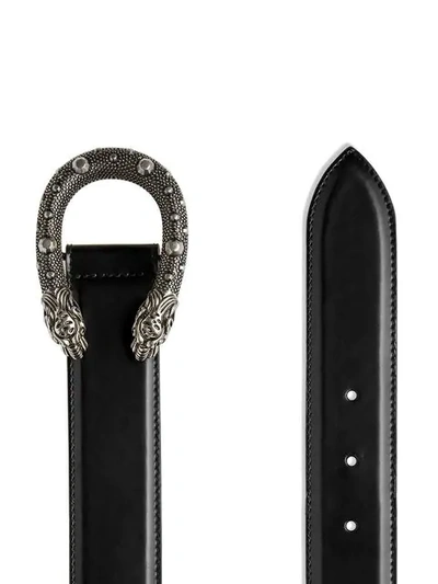 Shop Gucci Leather Belt With Tiger Head Buckle In Black