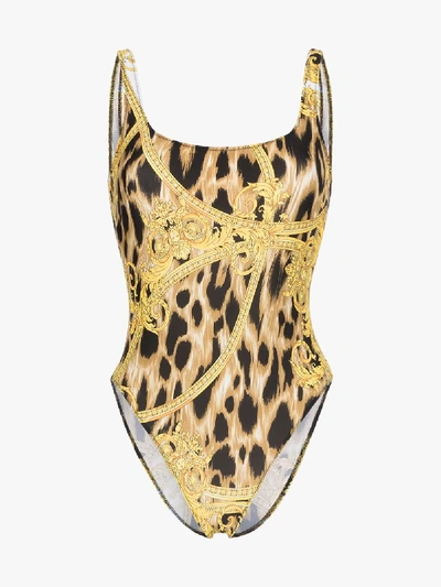 Shop Versace Baroque And Leopard Print Swimsuit In Black