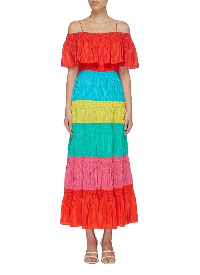 Shop Alice And Olivia 'kia' Colourblock Smocked Tiered Maxi Off-shoulder Dress In Multi-colour