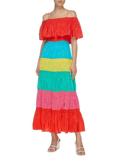 Shop Alice And Olivia 'kia' Colourblock Smocked Tiered Maxi Off-shoulder Dress In Multi-colour