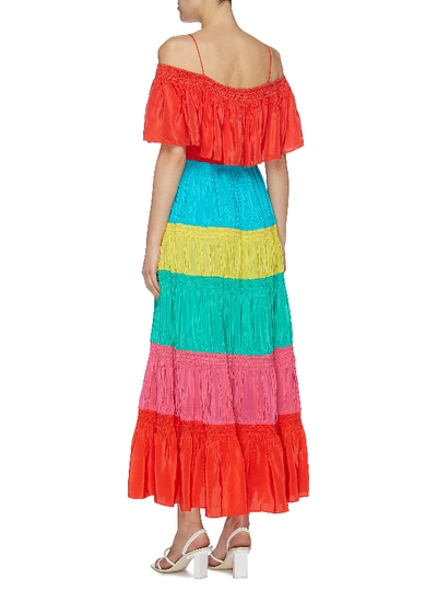 Shop Alice And Olivia 'kia' Colourblock Smocked Tiered Maxi Off-shoulder Dress In Multi-colour