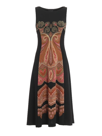 Shop Etro Paisley Panelled Jersey Flared Dress In Black