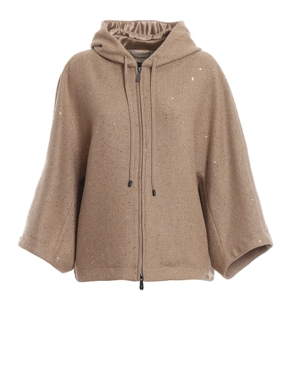 Shop Peserico Sequined Wool Blend Hooded Cape In Beige