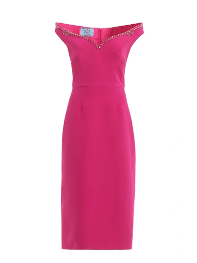 Shop Prada Bejewelled Crepe Cady Dress In Fuchsia