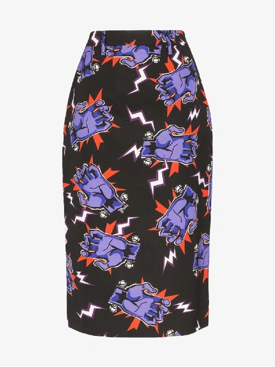 Shop Prada Hand Print Fitted Midi Skirt In Black