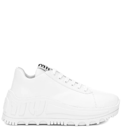 Shop Miu Miu Leather Flatform Sneakers In White