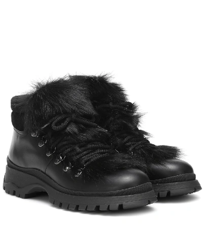 Shop Prada Shearling-trimmed Leather Ankle Boots In Black