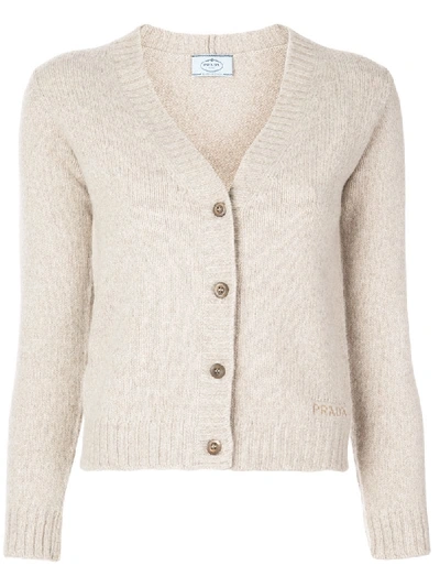 Shop Prada Logo Embroidered Cardigan In Neutrals