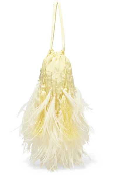 Shop Attico Feather-trimmed Beaded Satin Pouch In Yellow