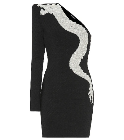 Shop Balmain Embellished Quilted Knit Minidress In Black