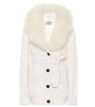 Shop Prada Fur-trimmed Cashmere Cardigan In White