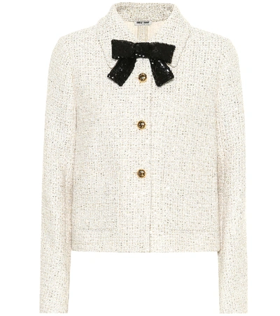 Shop Miu Miu Embellished Tweed Jacket In White