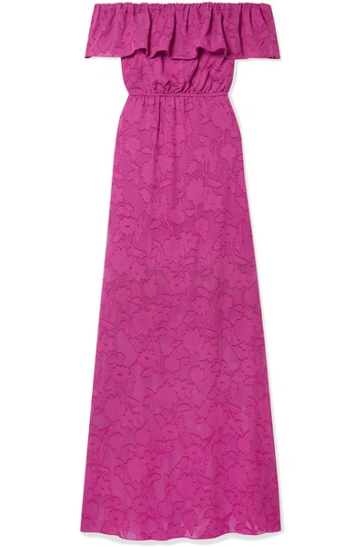 Shop Rachel Zoe Clea Ruffled Off-the-shoulder Fil Coupé Silk And Cotton-blend Chiffon Maxi Dress In Fuchsia