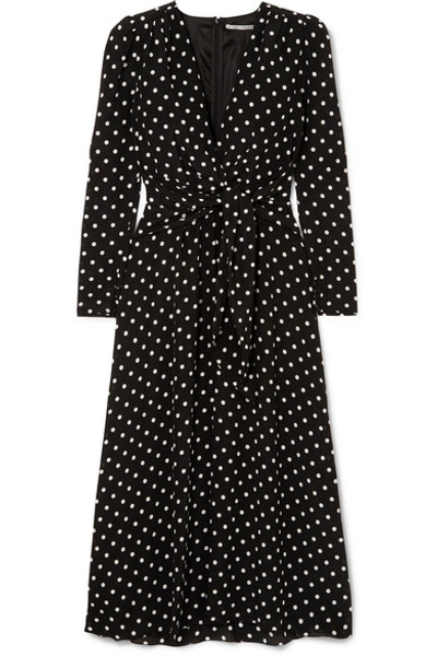 Shop Alessandra Rich Tie-front Polka-dot Silk Crepe De Chine Midi Dress In Black