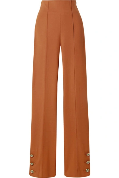 Shop Oscar De La Renta Button-embellished Stretch Wool-blend Twill Straight-leg Pants In Orange