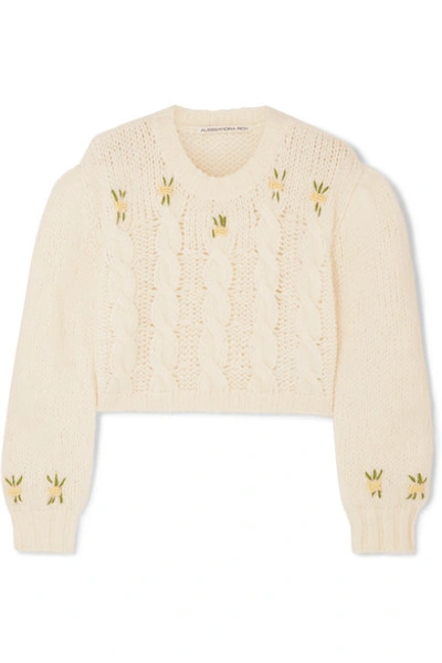 Shop Alessandra Rich Cropped Embroidered Cable-knit Alpaca-blend Sweater In White