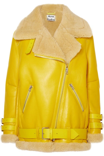 Shop Acne Studios Velocite Shearling-trimmed Leather Biker Jacket In Yellow