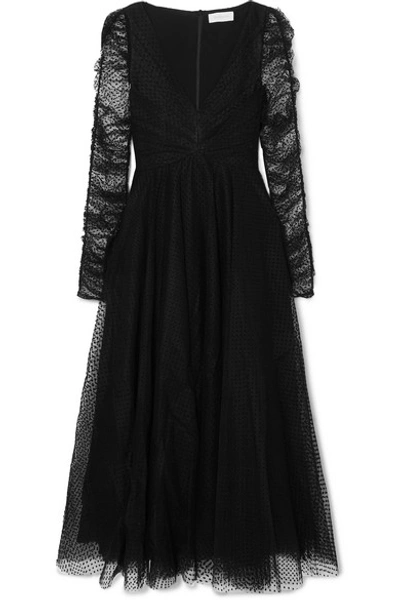 Shop Zimmermann Espionage Ballet Ruched Polka-dot Flocked Tulle Midi Dress In Black